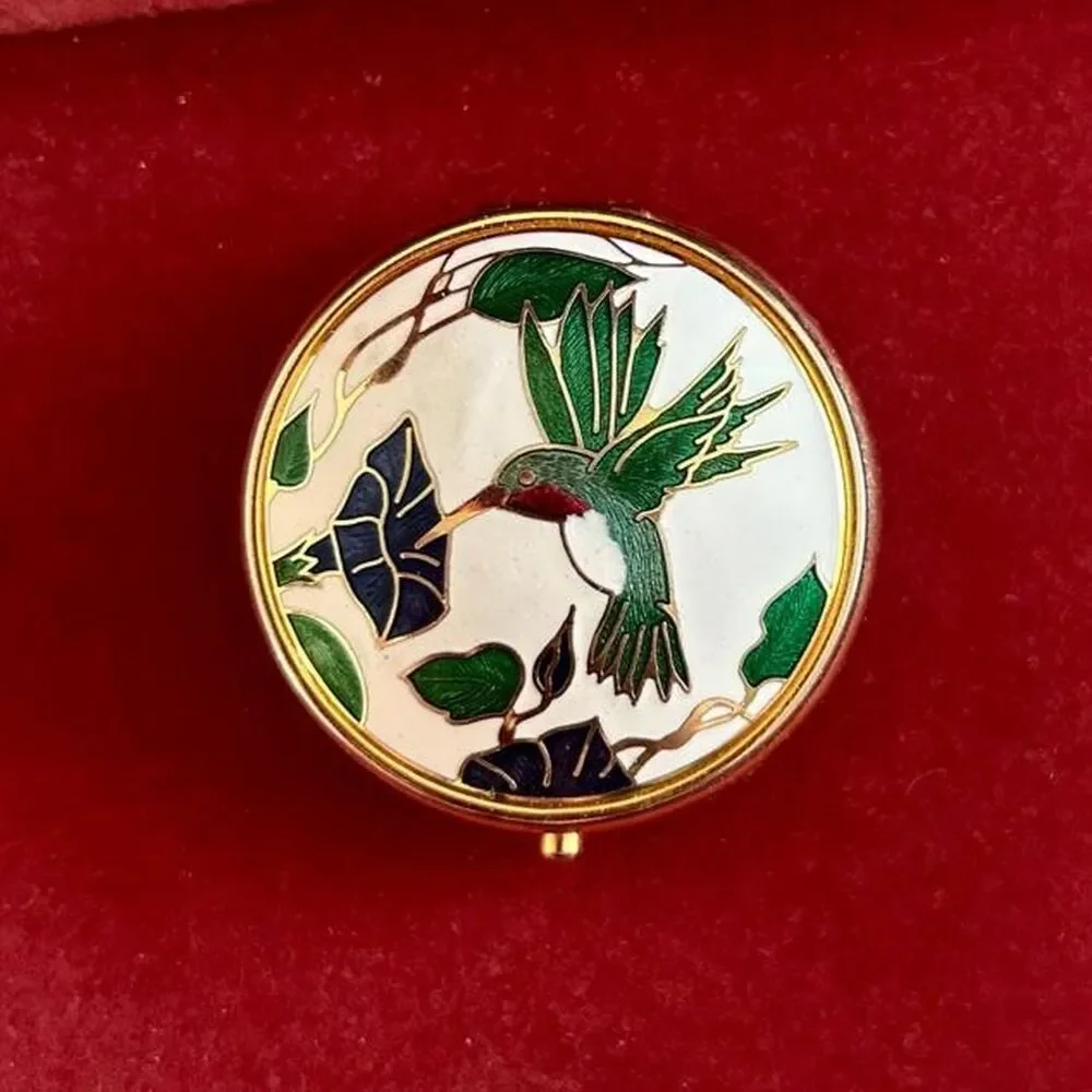 Vintage Enamel Hummingbird and Flower Pill Case or Jewelry Case Trinket Box